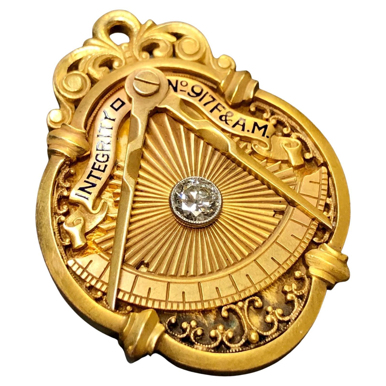 Vintage Art Deco 18K Diamond Masonic Award Pin Brooch For Sale