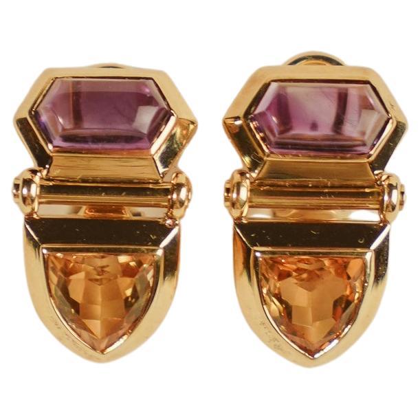 Art Deco18kt Yellow Gold Amethyst, Citrine & Diamond Earrings