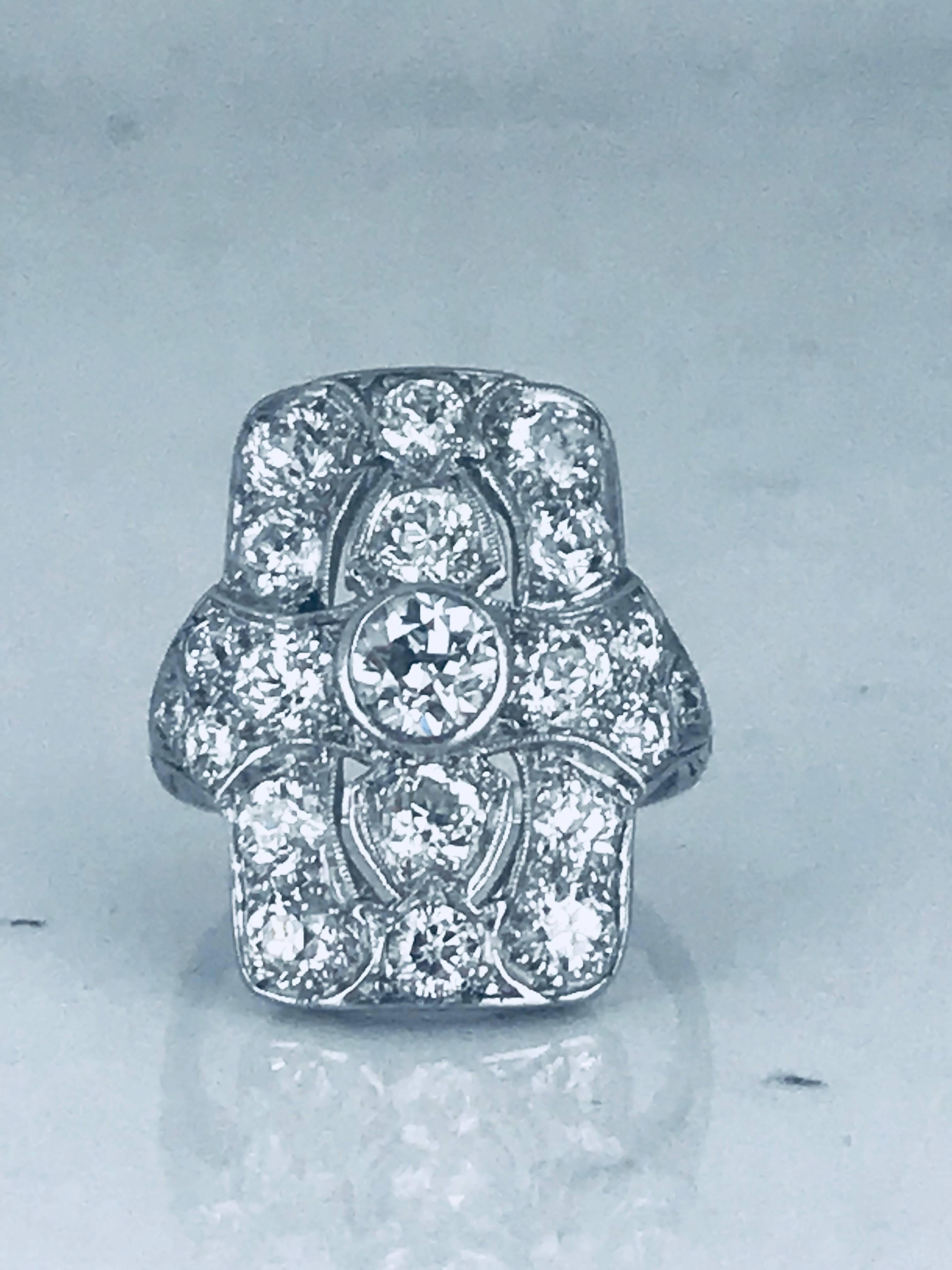 
One platinum, Deco estate diamond ring. Circa is 1915
The ring consists of diamonds that are 'European' cuts ranging in sizes from 2.50 x 5.30  mm in diameter.

The weight of the diamonds is approximately 2.87 carats total.
The following are the