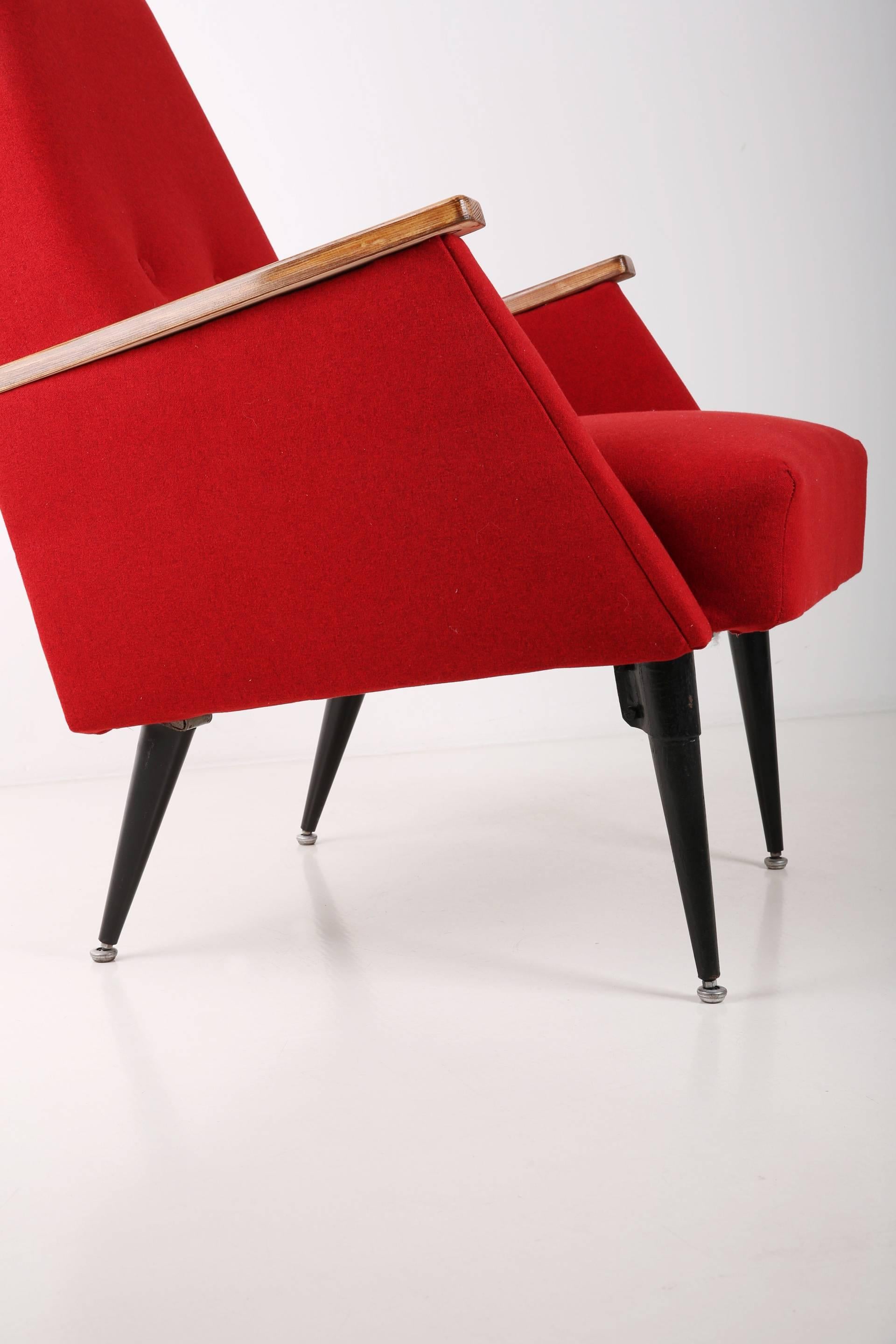 Mid-Century Modern Art Deco, Vintage Red Big Armchair, 1960s For Sale