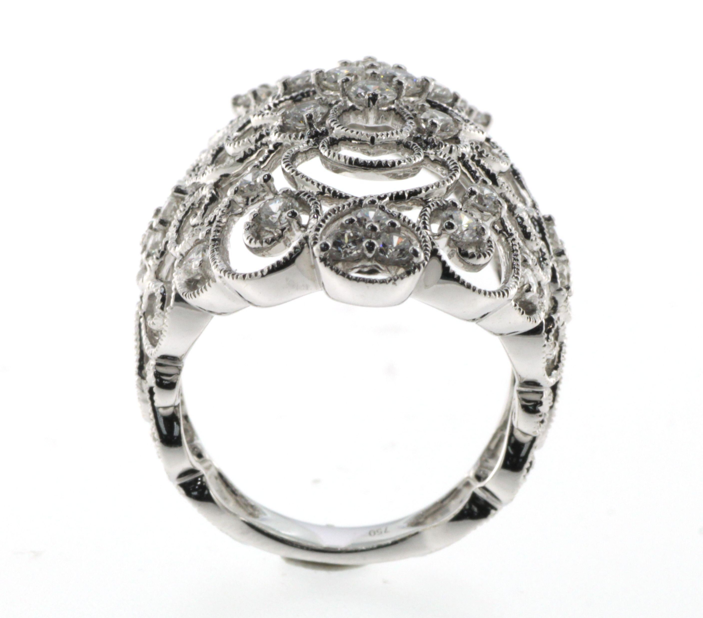 Taille ronde Art Decor Antique Filigree 1.28 Carat Diamond Ring in 18 Karat White Gold en vente