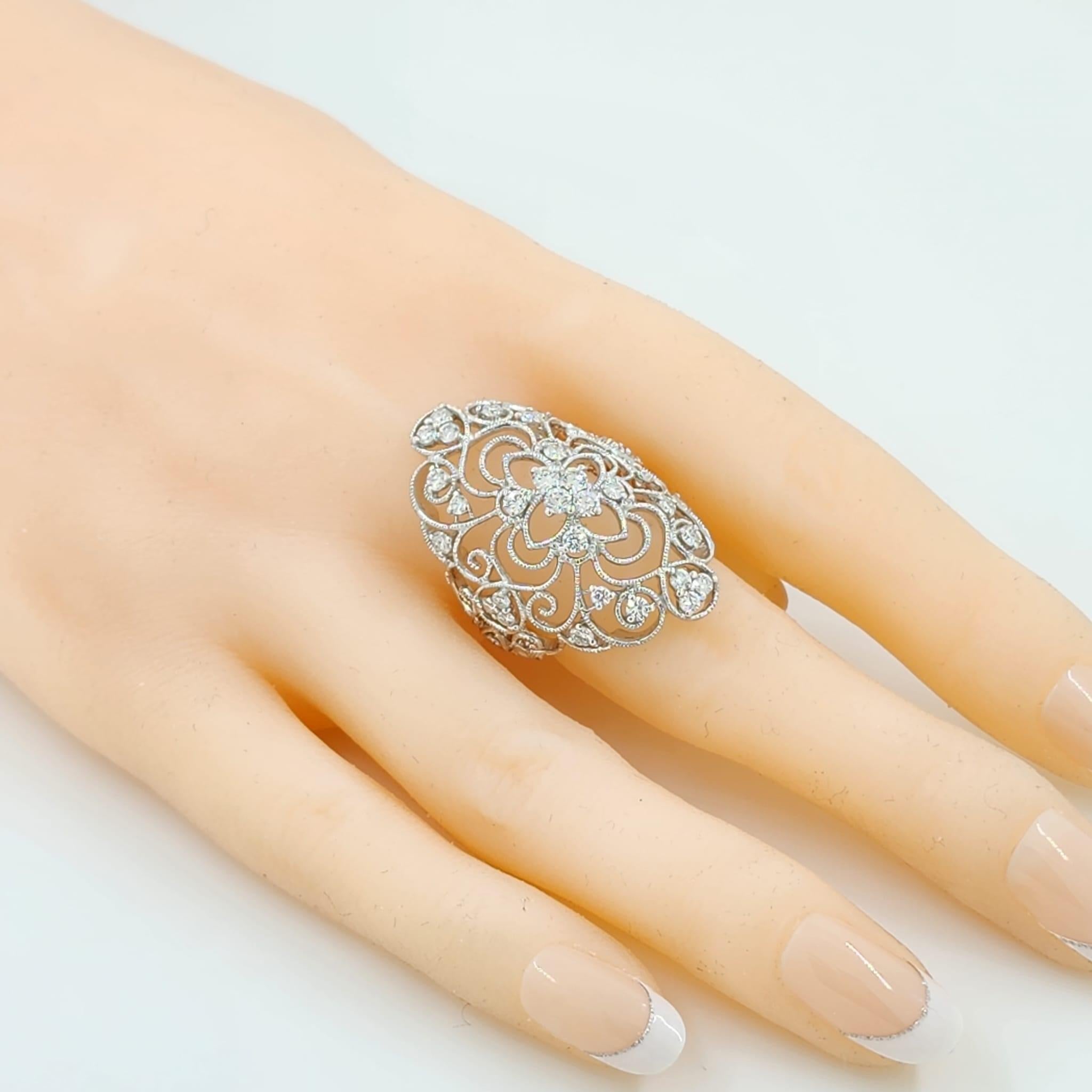 Women's Art Decor Antique Filigree 1.28 Carat Diamond Ring in 18 Karat White Gold For Sale