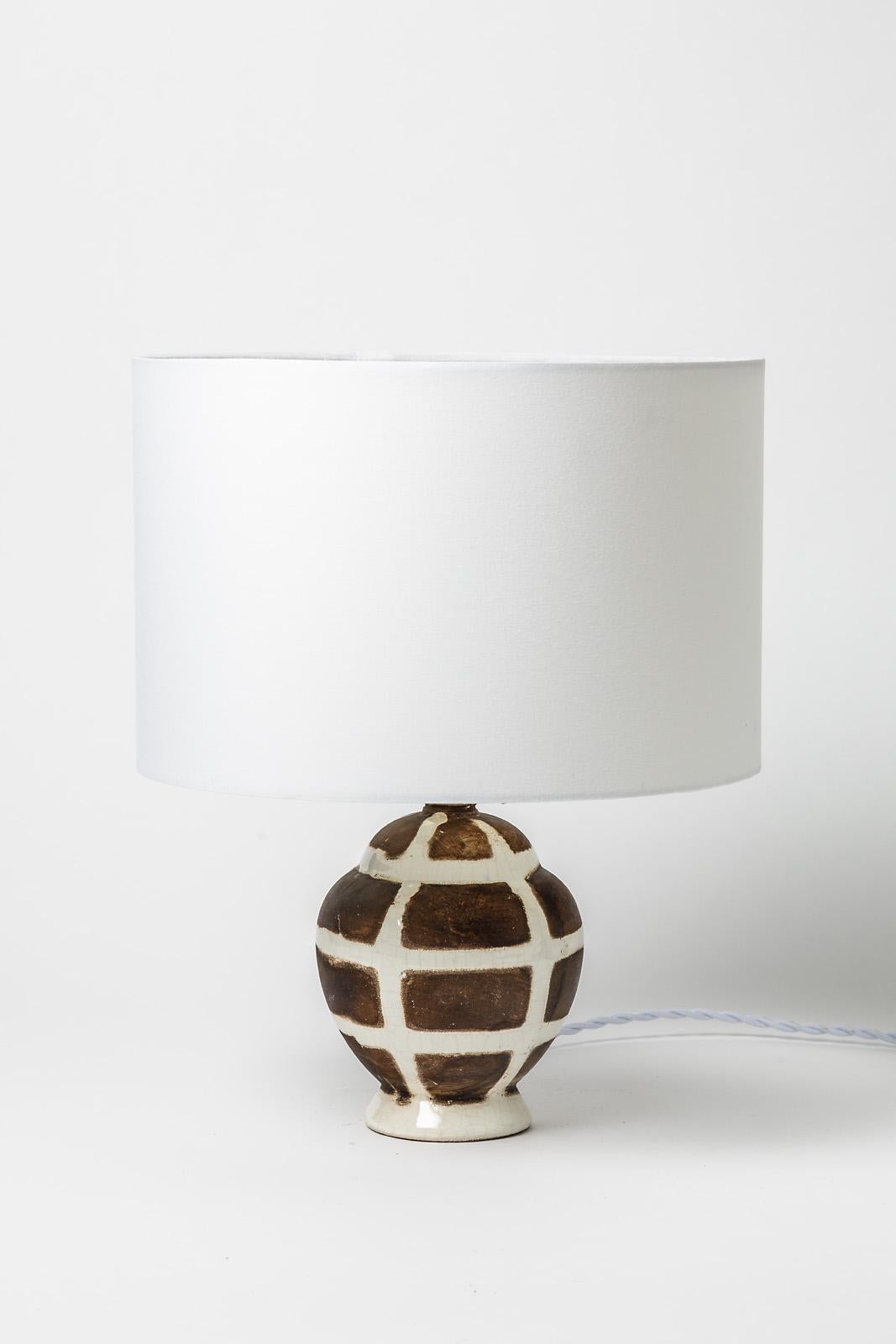 20th Century Art Decorative Midcentury Ceramic Table Lamp White and Brown Att. Jean Besnard