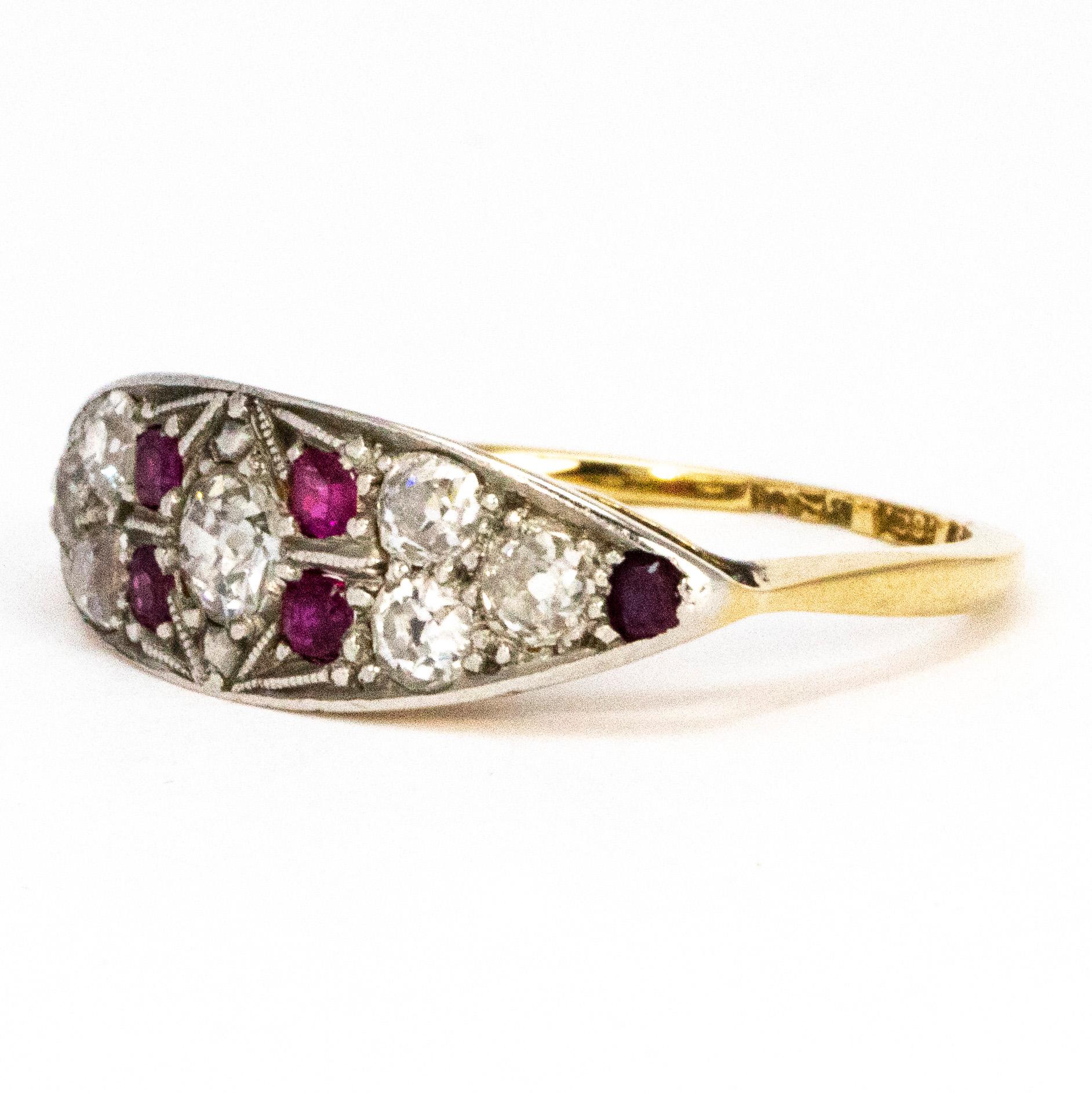 This gorgeous Art Deco ring holds a centre diamond measuring 25pts and a total of 1carats worth of diamonds. Each Ruby measures 5pts and all stones are set in platinum.

Ring Size: O or 7 1/4 
Band Width: 7.5mm 