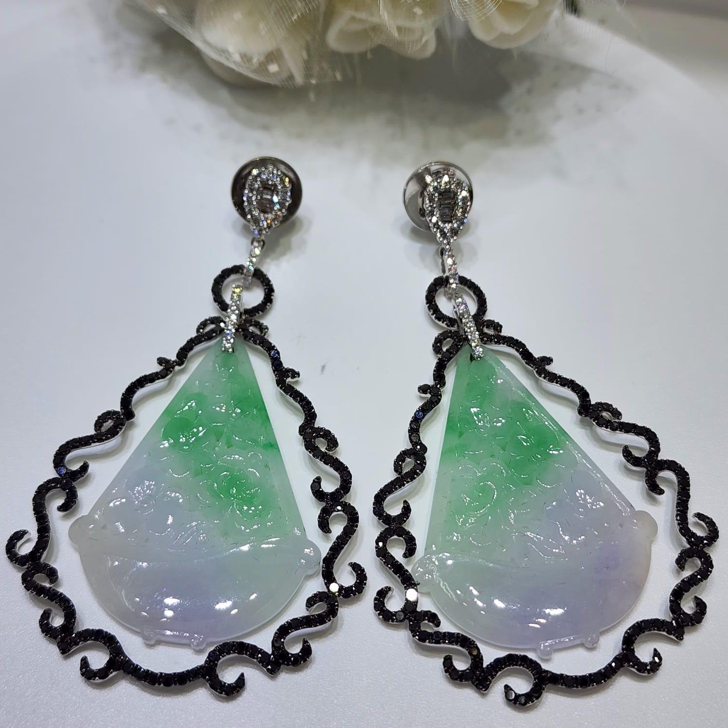 Boucles d'oreilles en goutte Art déco en or 18 carats avec diamants et jadéite de 63,70 carats en vente 2