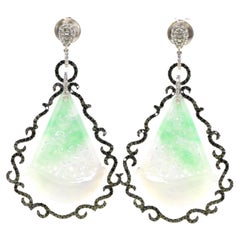 Boucles d'oreilles en goutte Art déco en or 18 carats avec diamants et jadéite de 63,70 carats