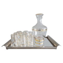 Vintage Art Deko Glass Carafe Liquor Set on Mirror Tray, France, 1935