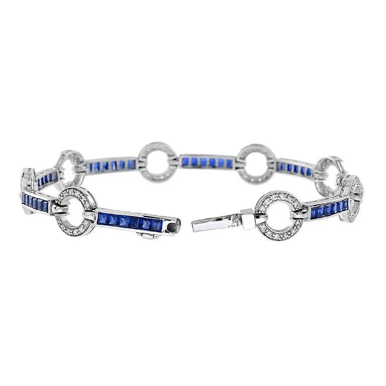 Art Deo Style Diamond & Blue Sapphire Tennis Circle 18K White Gold Bracelet Art Decó en venta