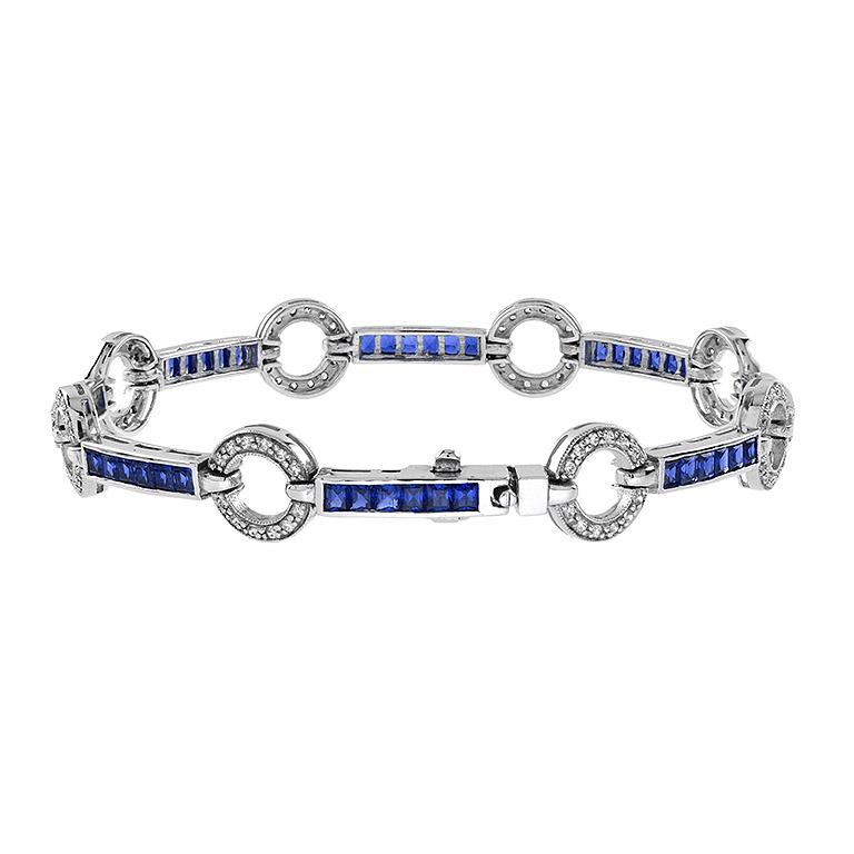 Art Deo Style Diamond & Blue Sapphire Tennis Circle 18K White Gold Bracelet Corte brillante en venta