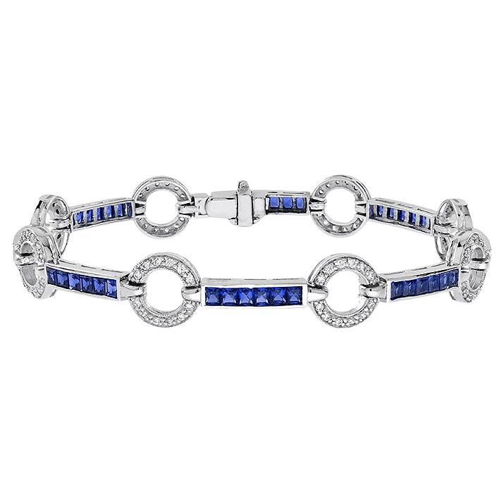 Art Deo Style Diamond & Blue Sapphire Tennis Circle 18K White Gold Bracelet en venta