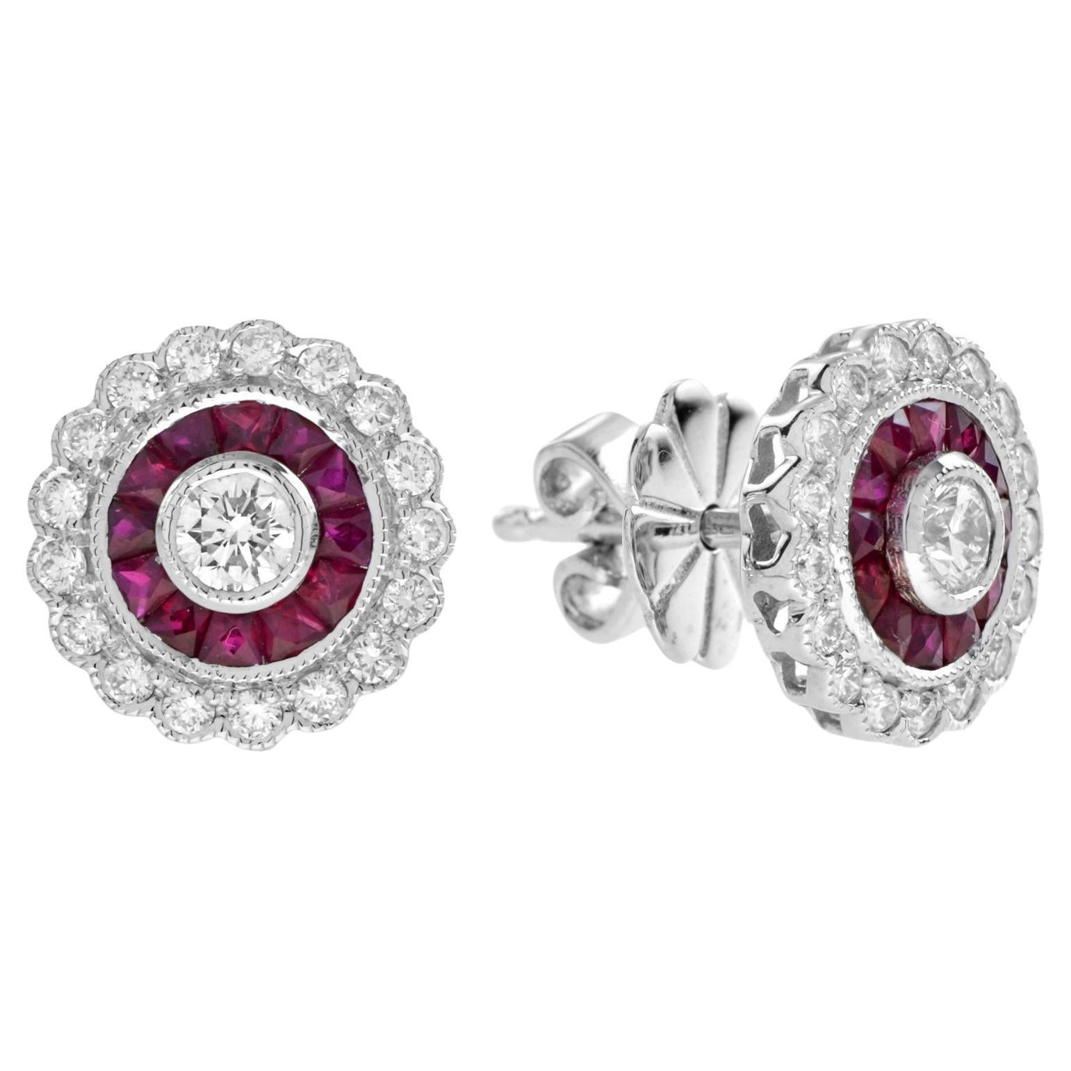 Art Deo Style Round Diamond and Ruby Stud Earrings in 18K White Gold