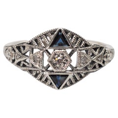 Art Deo Style Sterling Silver Filigree Ring with Blue Sapphire Accents
