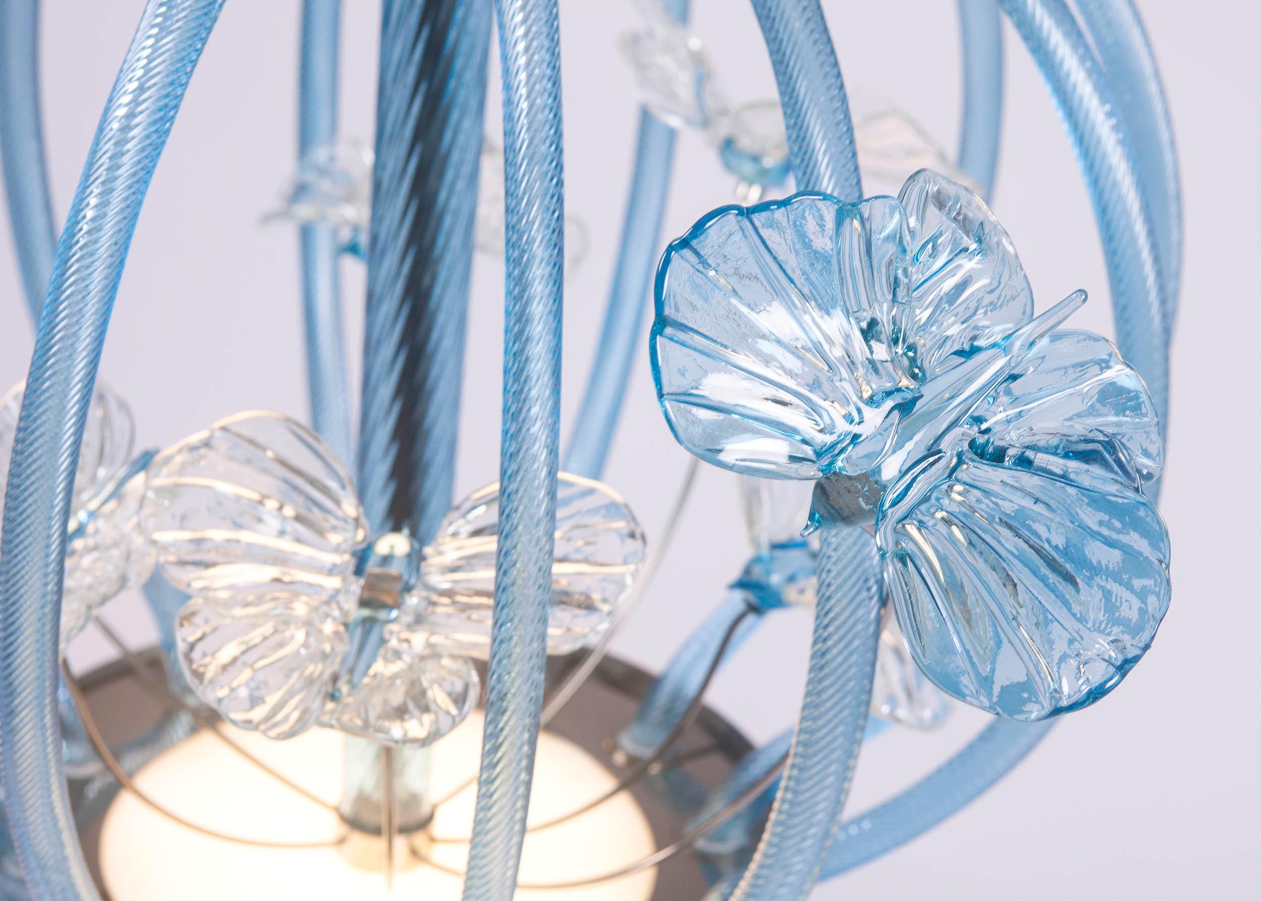 Other Art Design Pendant lamp Cage with butterflies in Blue Murano Glass by Multiforme For Sale