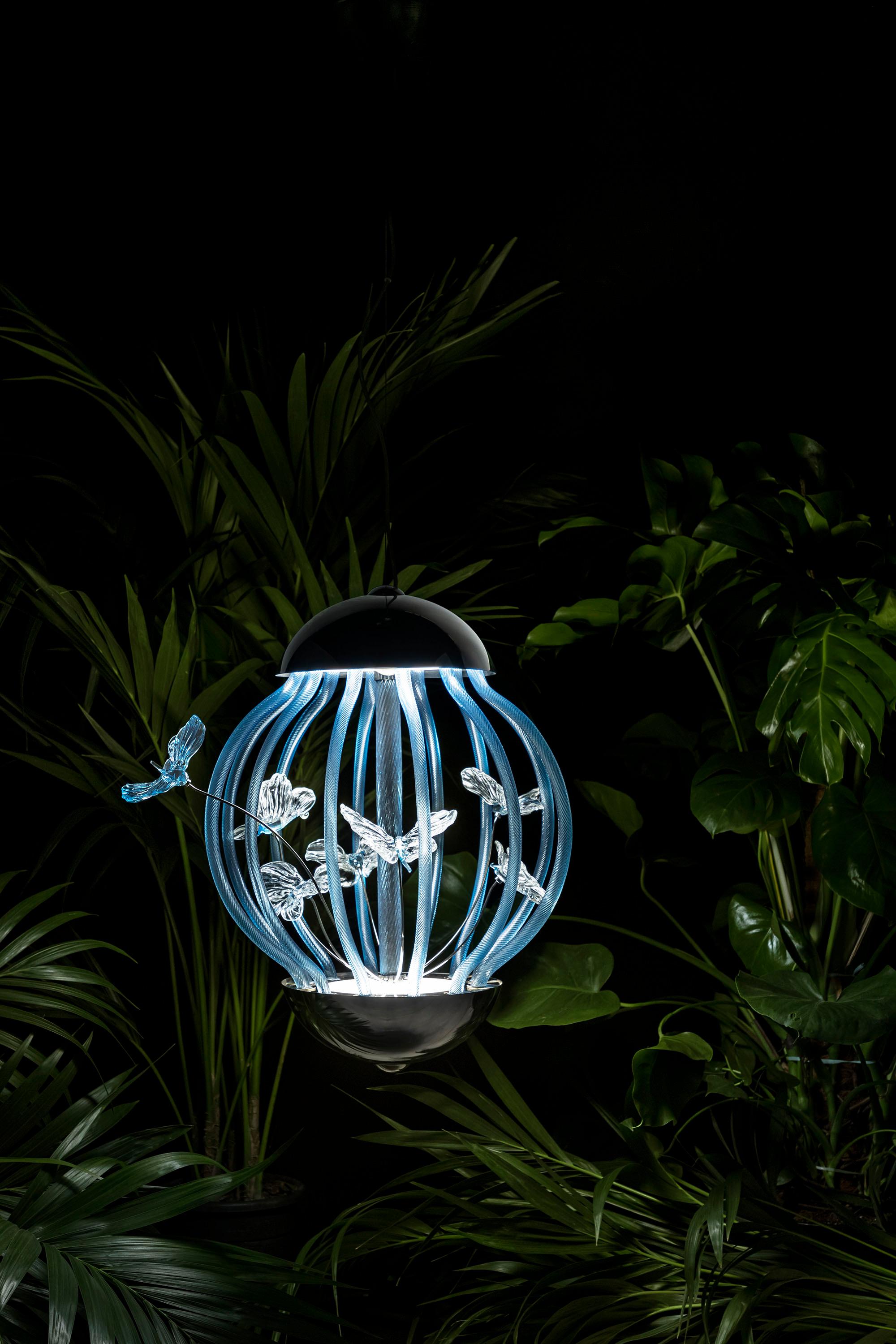 Art Design Pendant lamp Cage with butterflies in Blue Murano Glass by Multiforme In New Condition For Sale In Trebaseleghe, IT