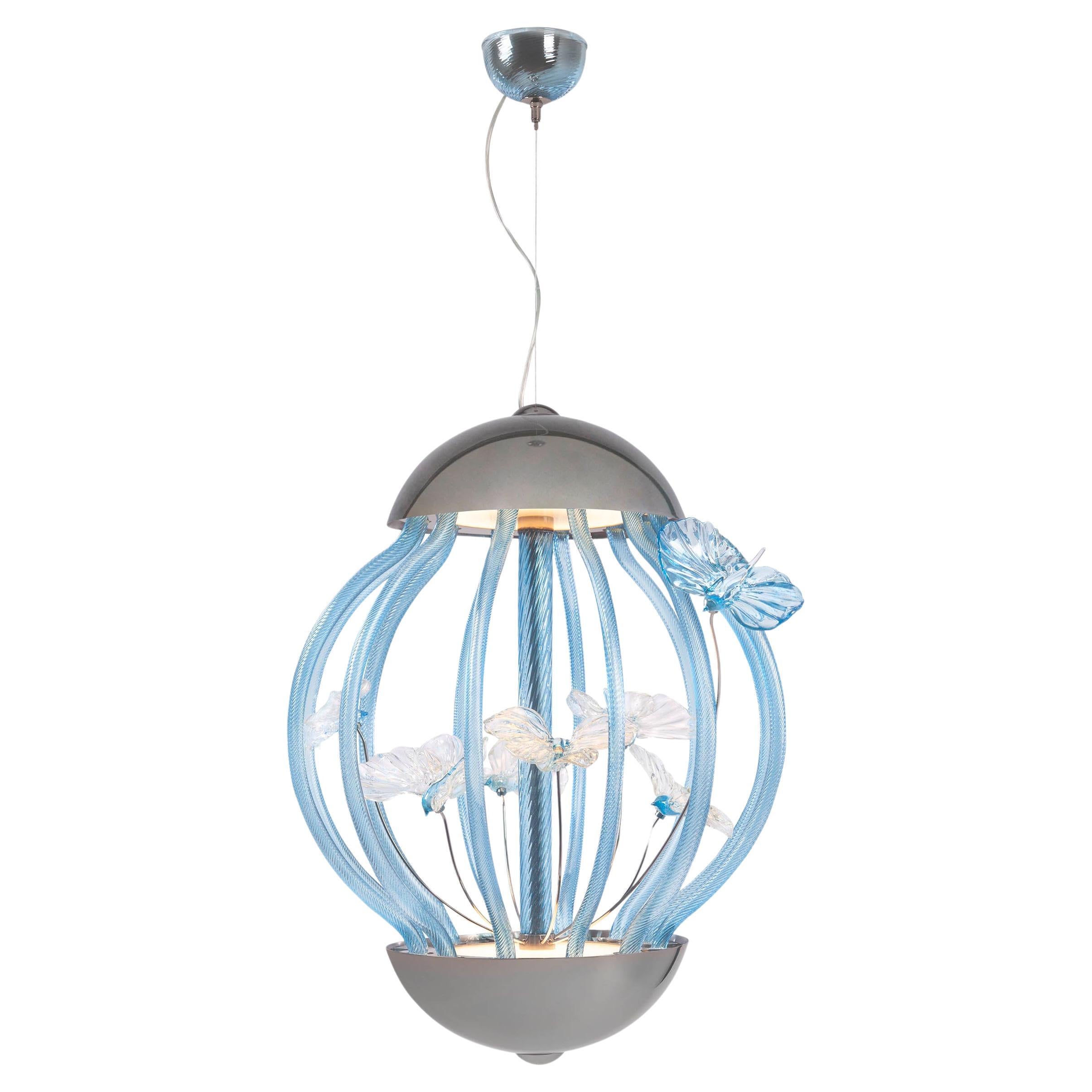 Art Design Pendant lamp Cage with butterflies in Blue Murano Glass by Multiforme