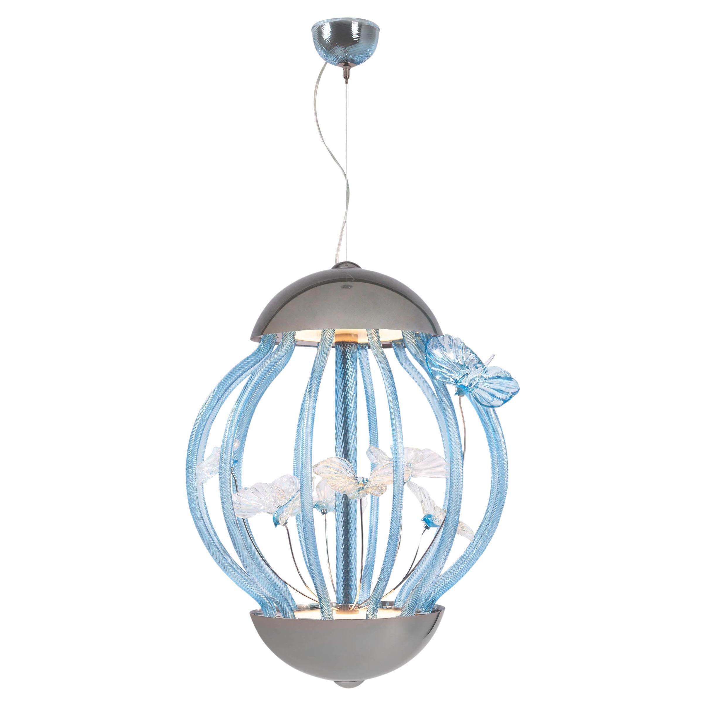 Art Design Pendant lamp Cage with butterflies in Blue Murano Glass by Multiforme For Sale