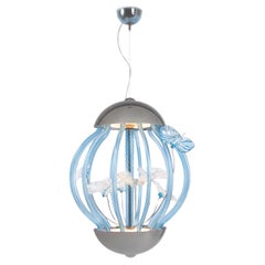 Art Design Pendant lamp Cage with butterflies in Blue Murano Glass by Multiforme
