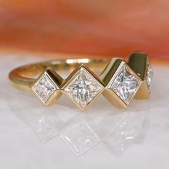 Art Doco Ooak 1.55 Cts 5-Stone Princees Cut in Bezel Natural Diamond Ring
