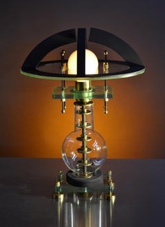 / Art Donovan /  "Io"  Glass, Brass, Mahogany, Lucite Table Lamp