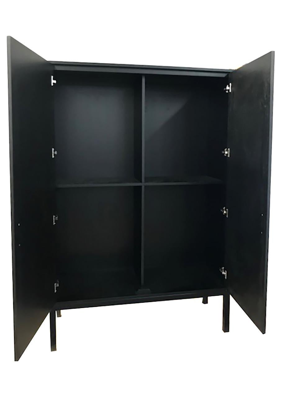 Our  Hudson Cabinet is designed and finished in our Toronto studio, Morgan Clayhall.

The construction consists of walnut body/doors, sitting on a steel base that has been powdered coated matte black.  The artwork on the doors is mix medium and are