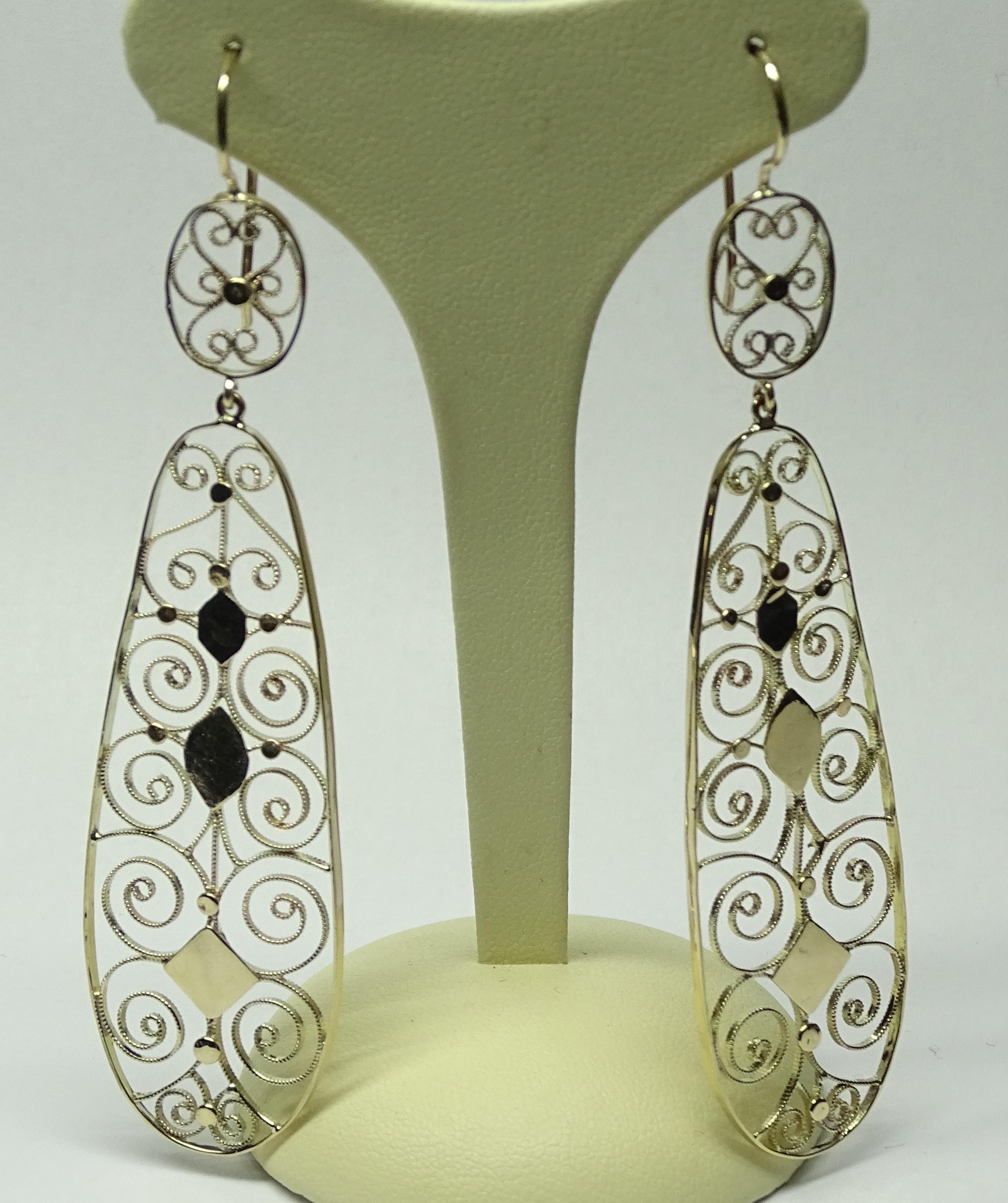 Etruscan Revival Art Etruscan Filigree Yellow Gold Dangle Earrings For Sale