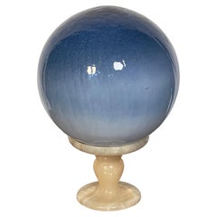 20 th c Blown Art glass 8” Blue Globe on Onyx Stone Pedestal