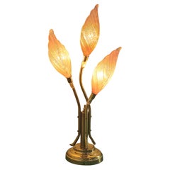 Art Glass And Brass 1970s Floral Flower Table Lamp