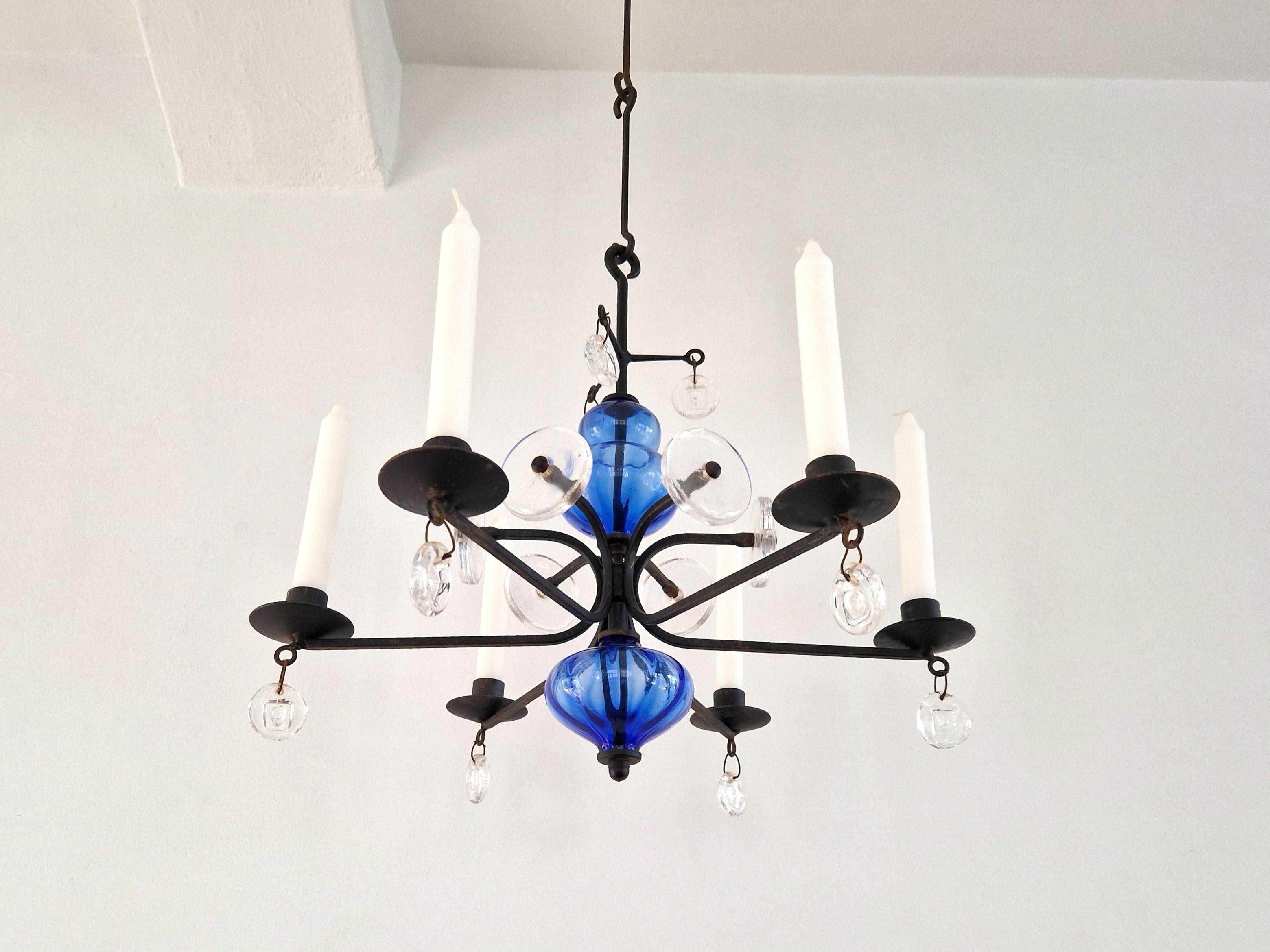 Mid-Century Modern Art glass and wrought iron chandelier by Erik Höglund for Boda, Sweden For Sale