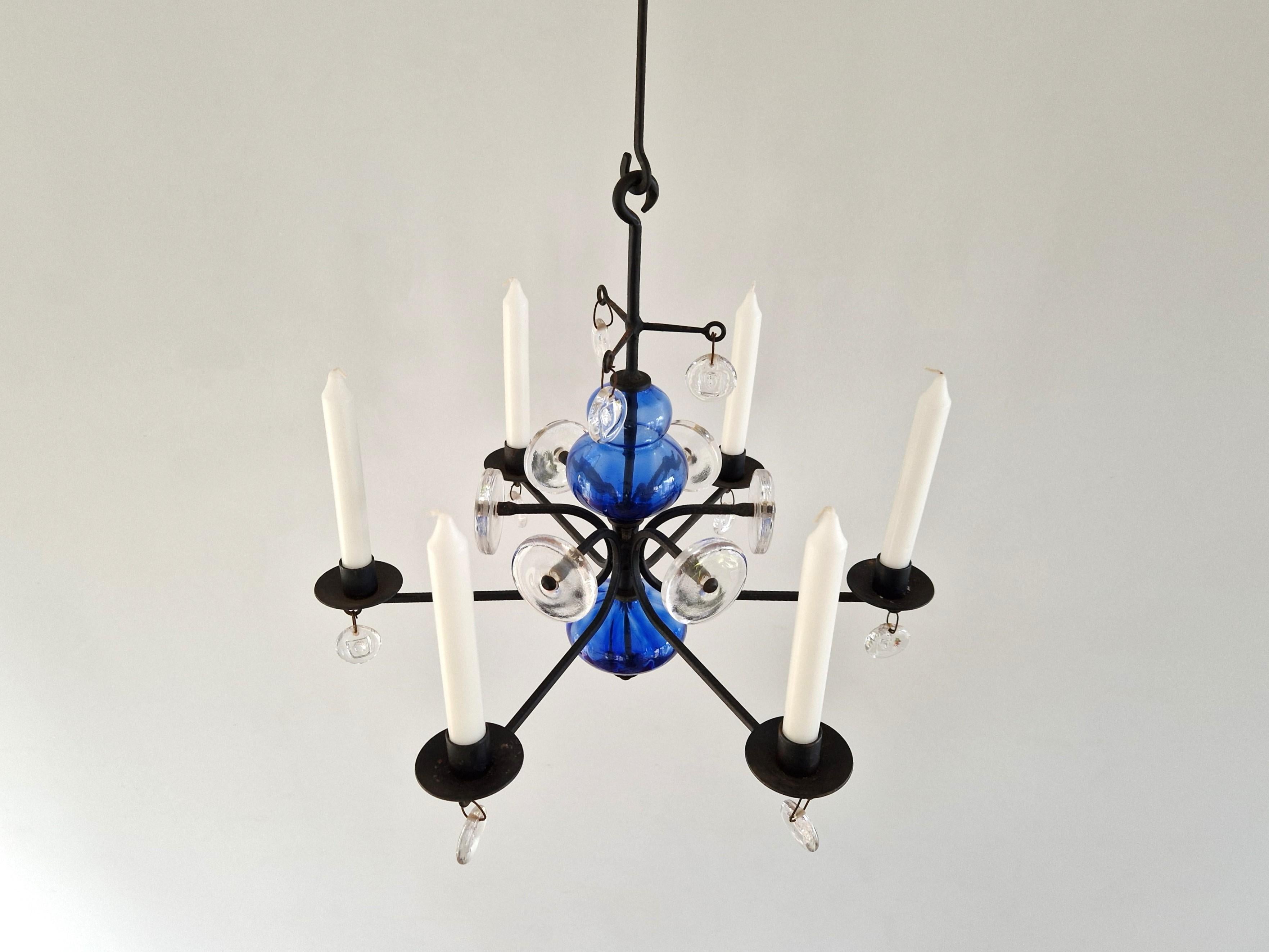 Swedish Art glass and wrought iron chandelier by Erik Höglund for Boda, Sweden For Sale