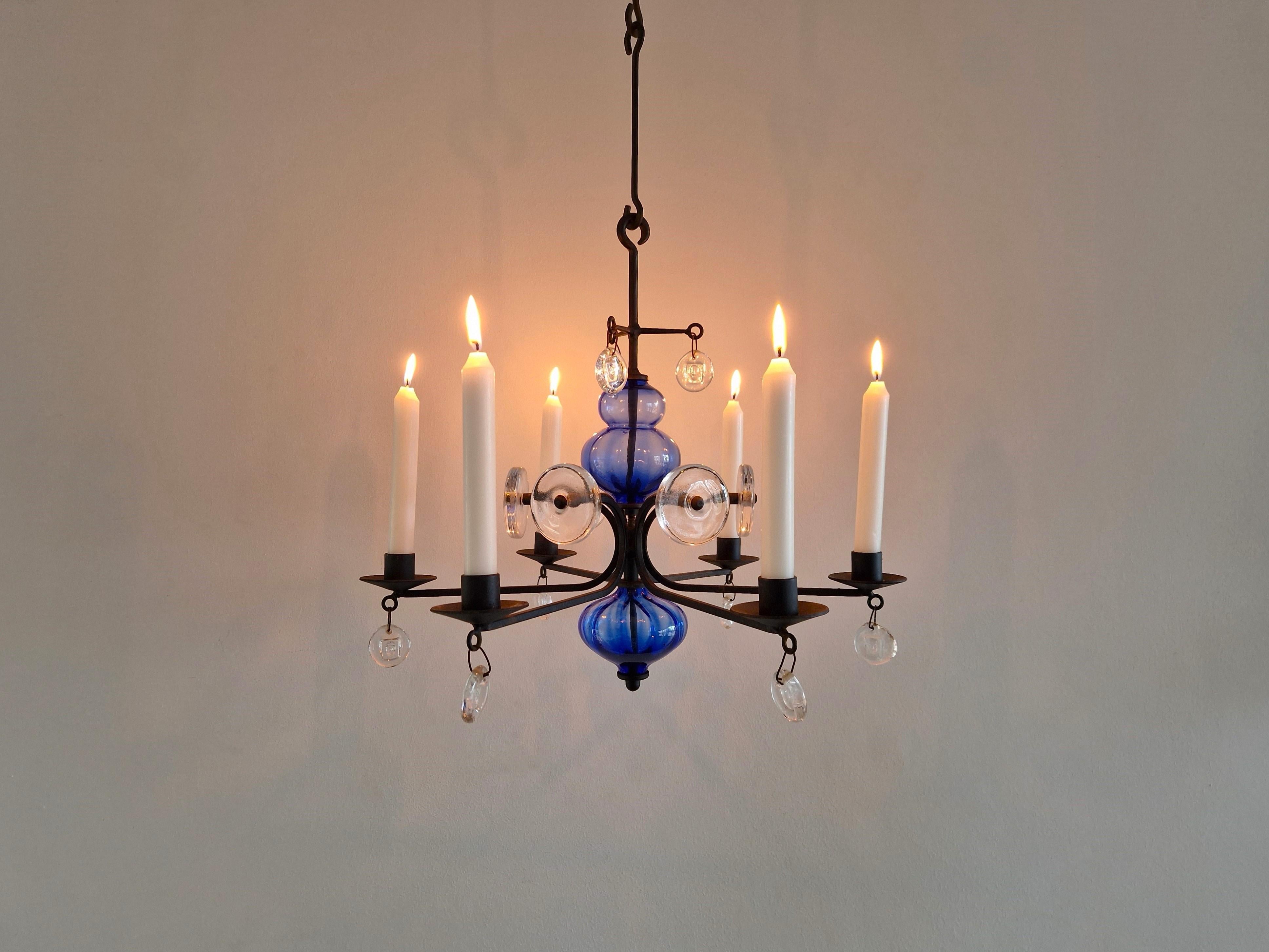 Mid-20th Century Art glass and wrought iron chandelier by Erik Höglund for Boda, Sweden For Sale