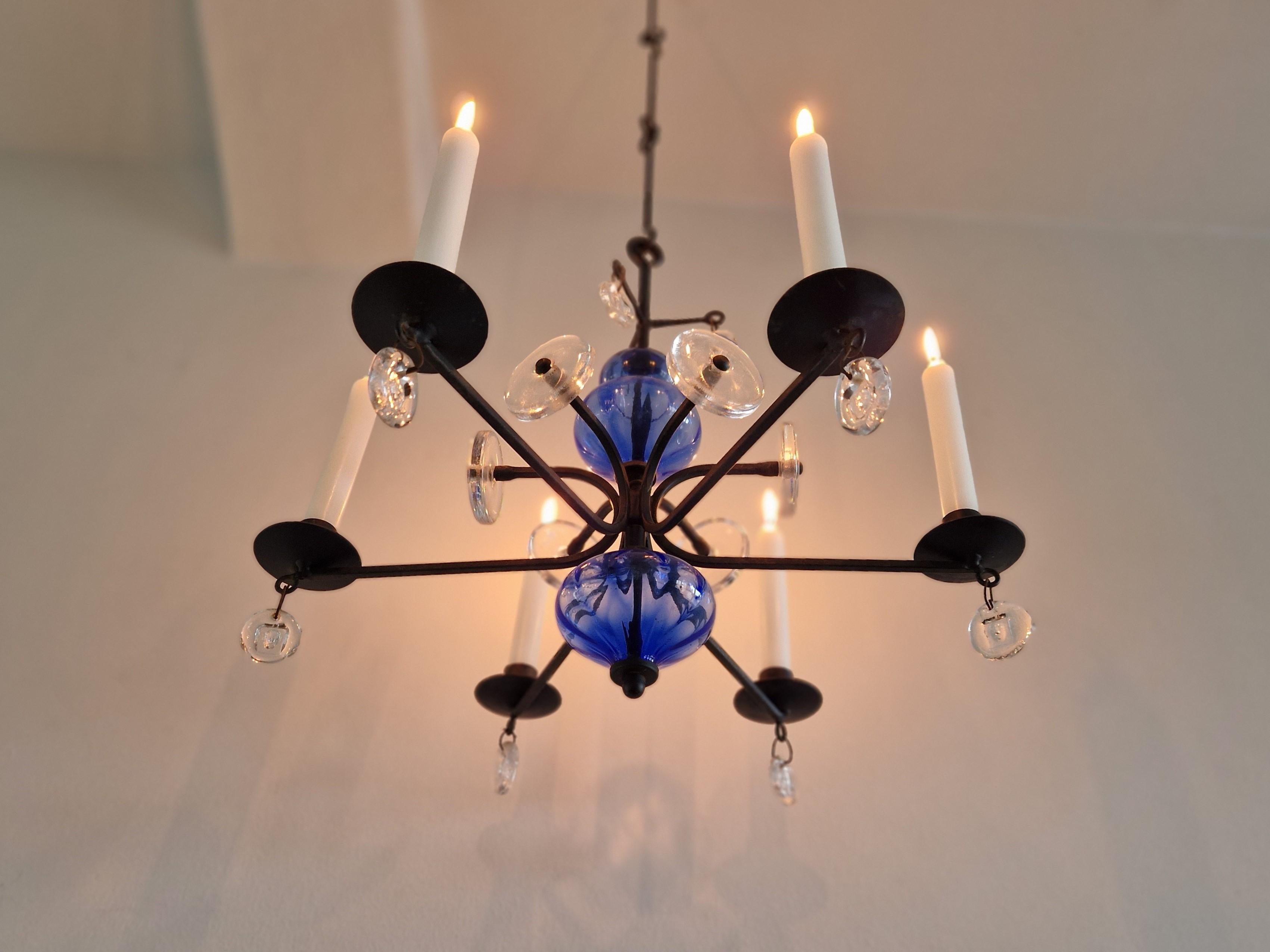 Mid-20th Century Art glass and wrought iron chandelier by Erik Höglund for Boda, Sweden For Sale
