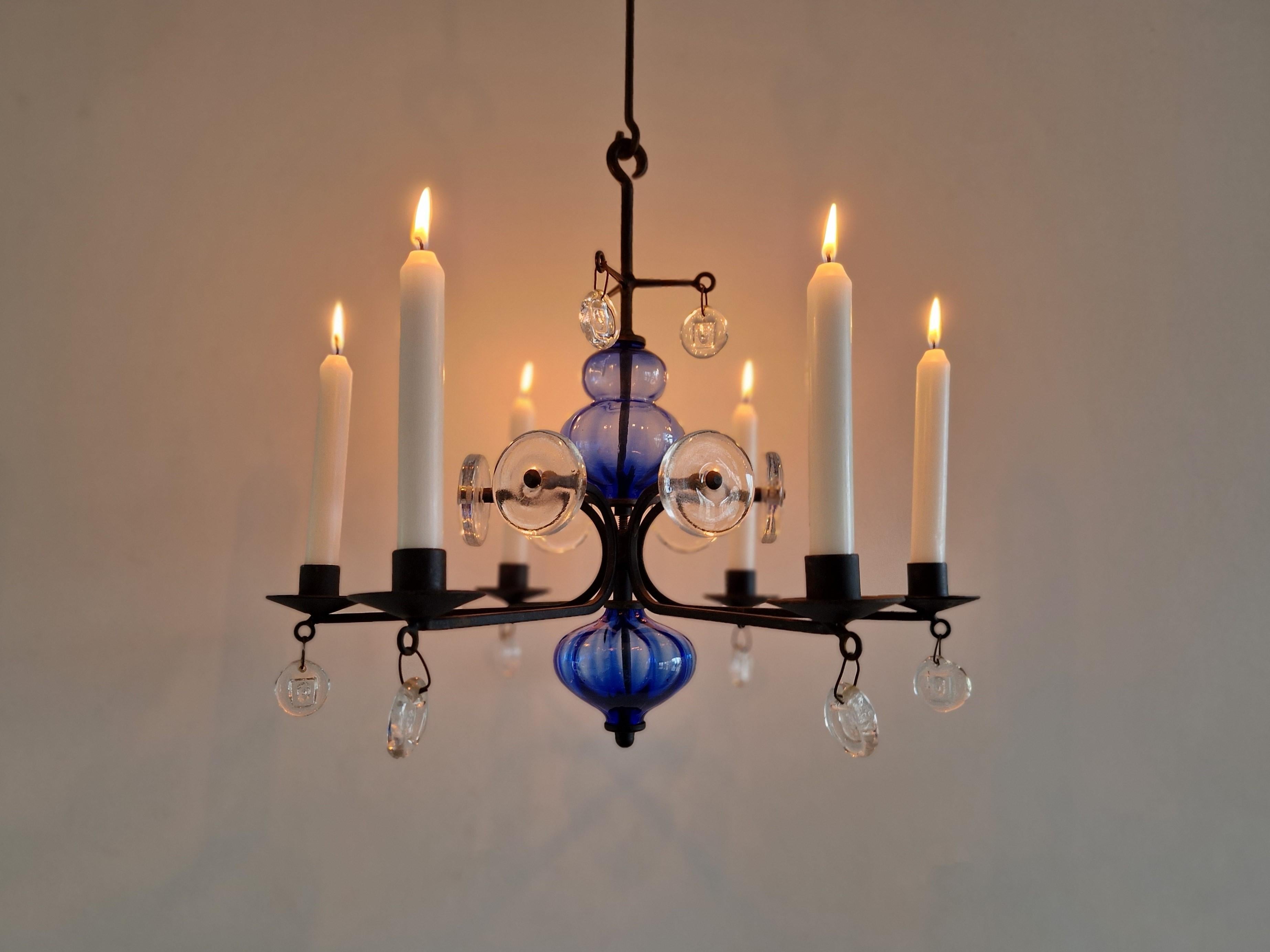 Art glass and wrought iron chandelier by Erik Höglund for Boda, Sweden For Sale 1