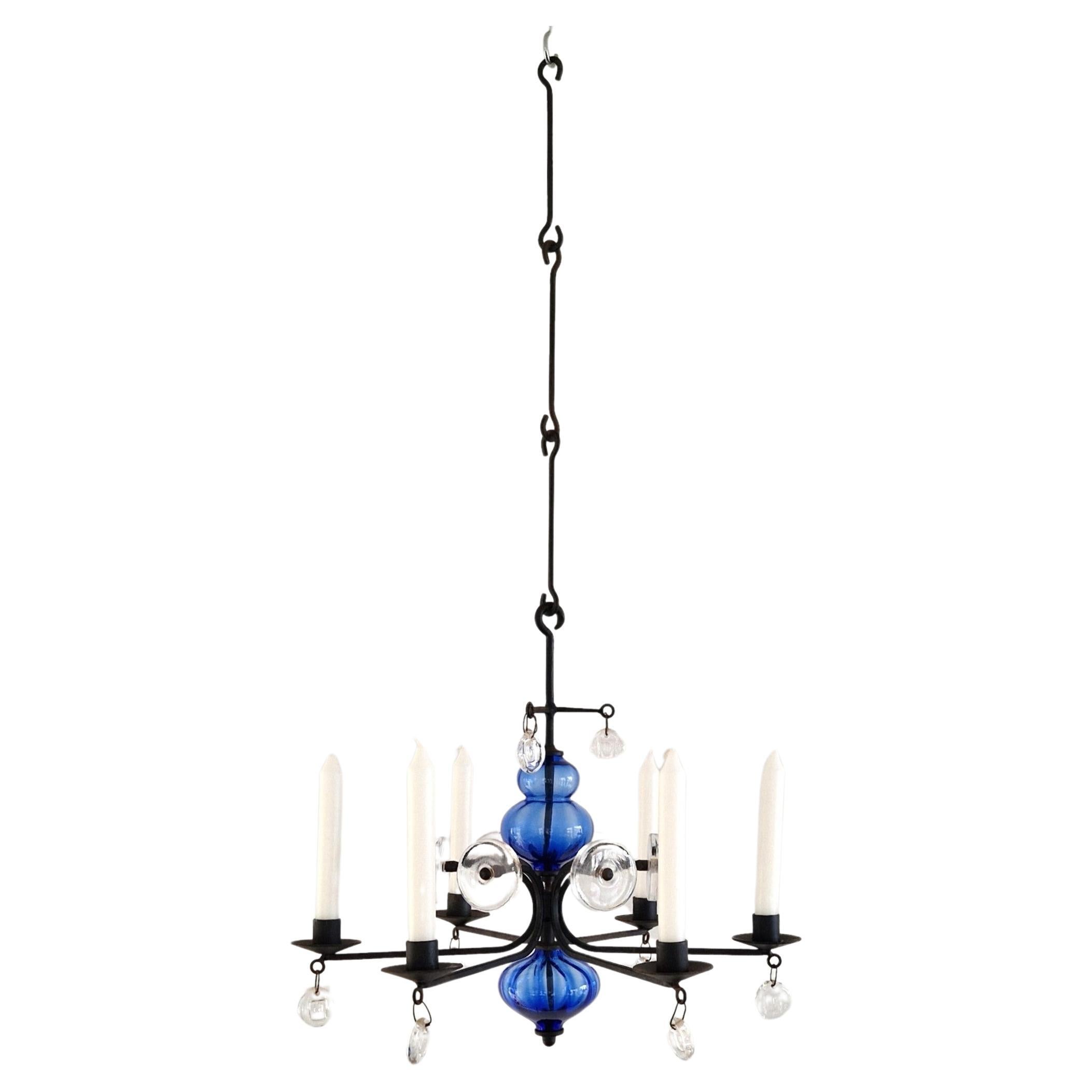 Art glass and wrought iron chandelier by Erik Höglund for Boda, Sweden For Sale