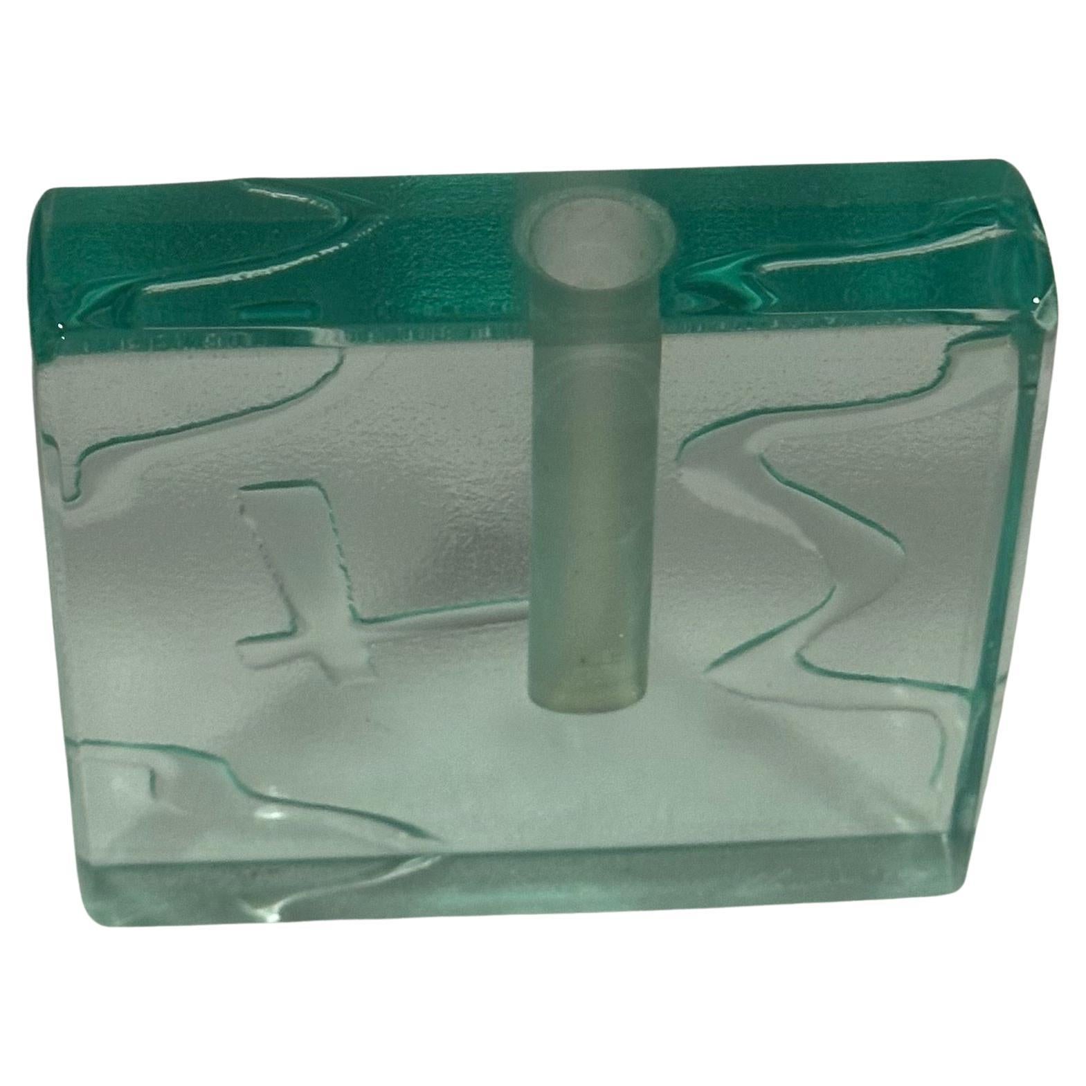   Art glass block bud vase by Stephen Schlanser, circa 1992.  The piece is in very good vintage condition with no chips or cracks and measures 4
