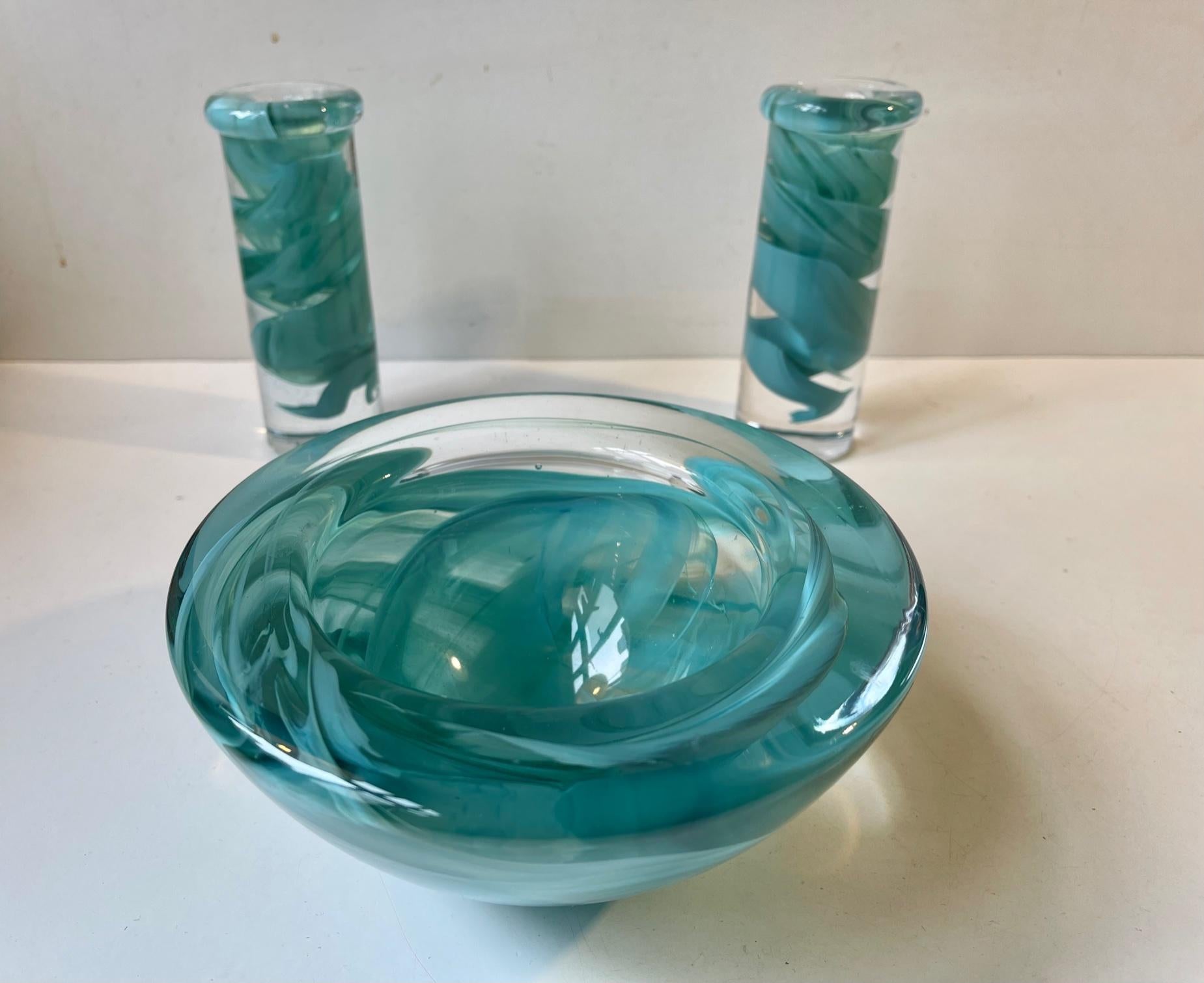 Modern Art Glass Bowl and Candlesticks by Anna Ehrner for Kosta Boda, 1980s For Sale