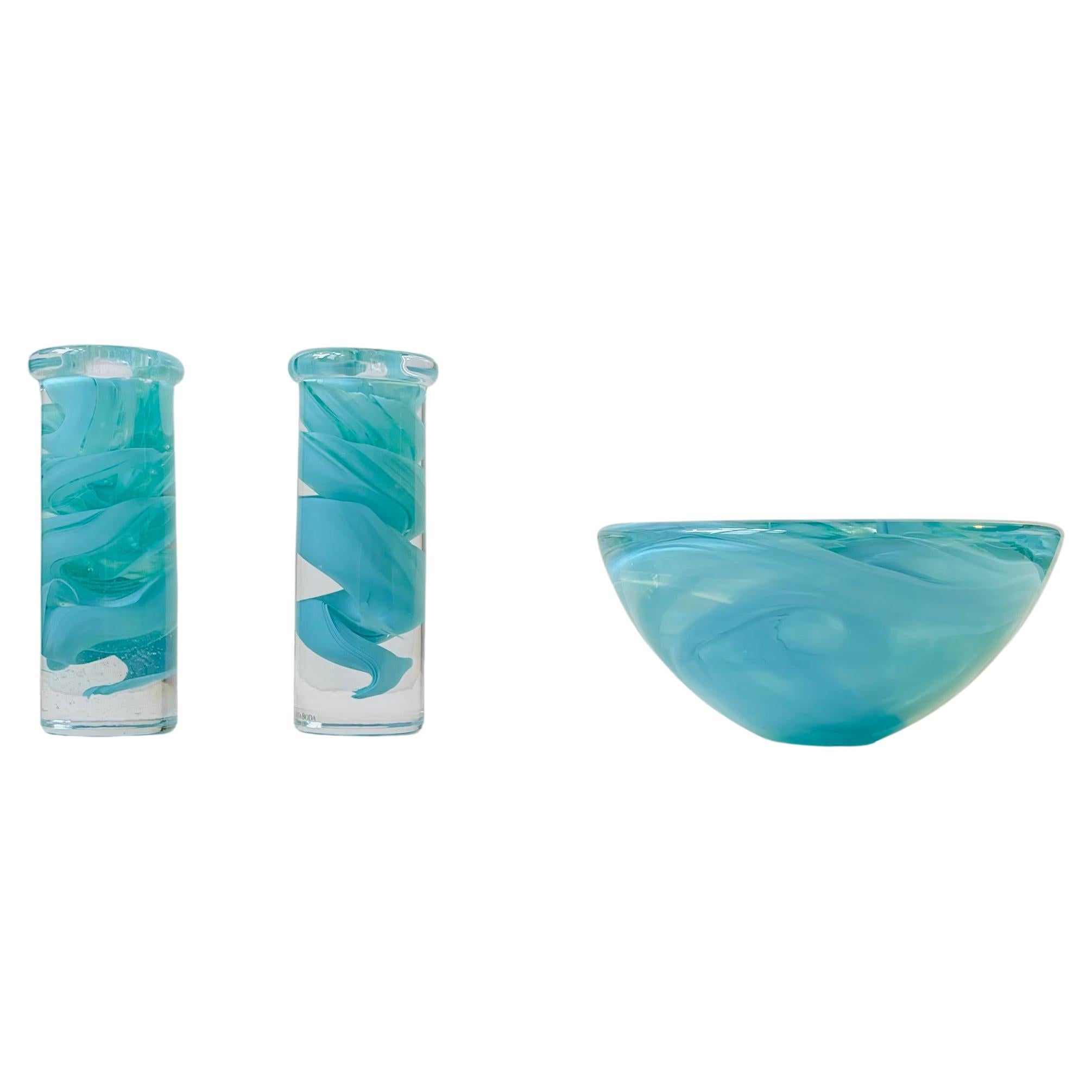 Art Glass Bowl and Candlesticks by Anna Ehrner for Kosta Boda, 1980s For Sale