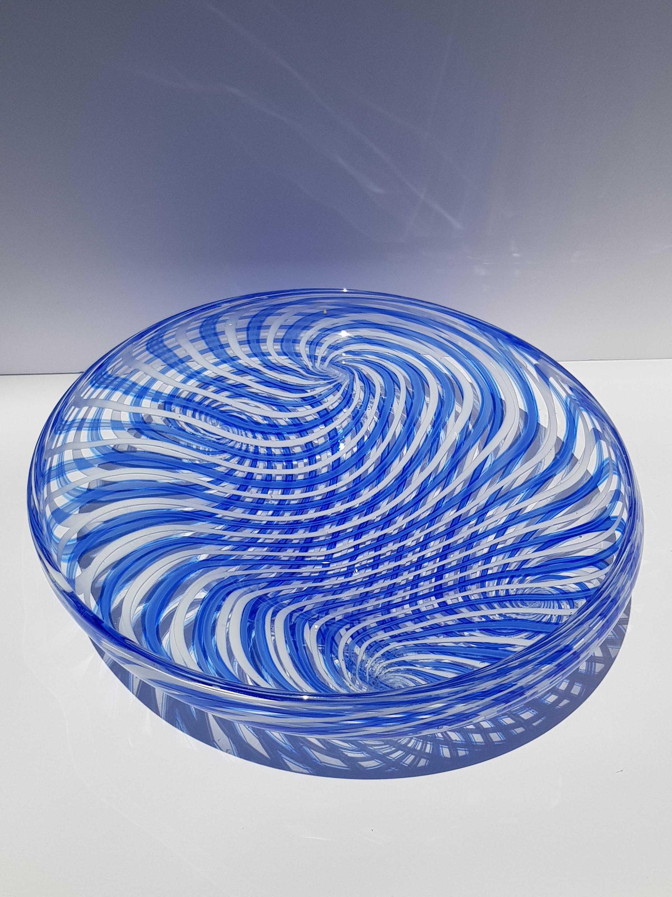 Mid-Century Modern Art Glass Bowl Centerpiece Dish Vessel Reticello Ribbon Lace Psychedelic Modern For Sale