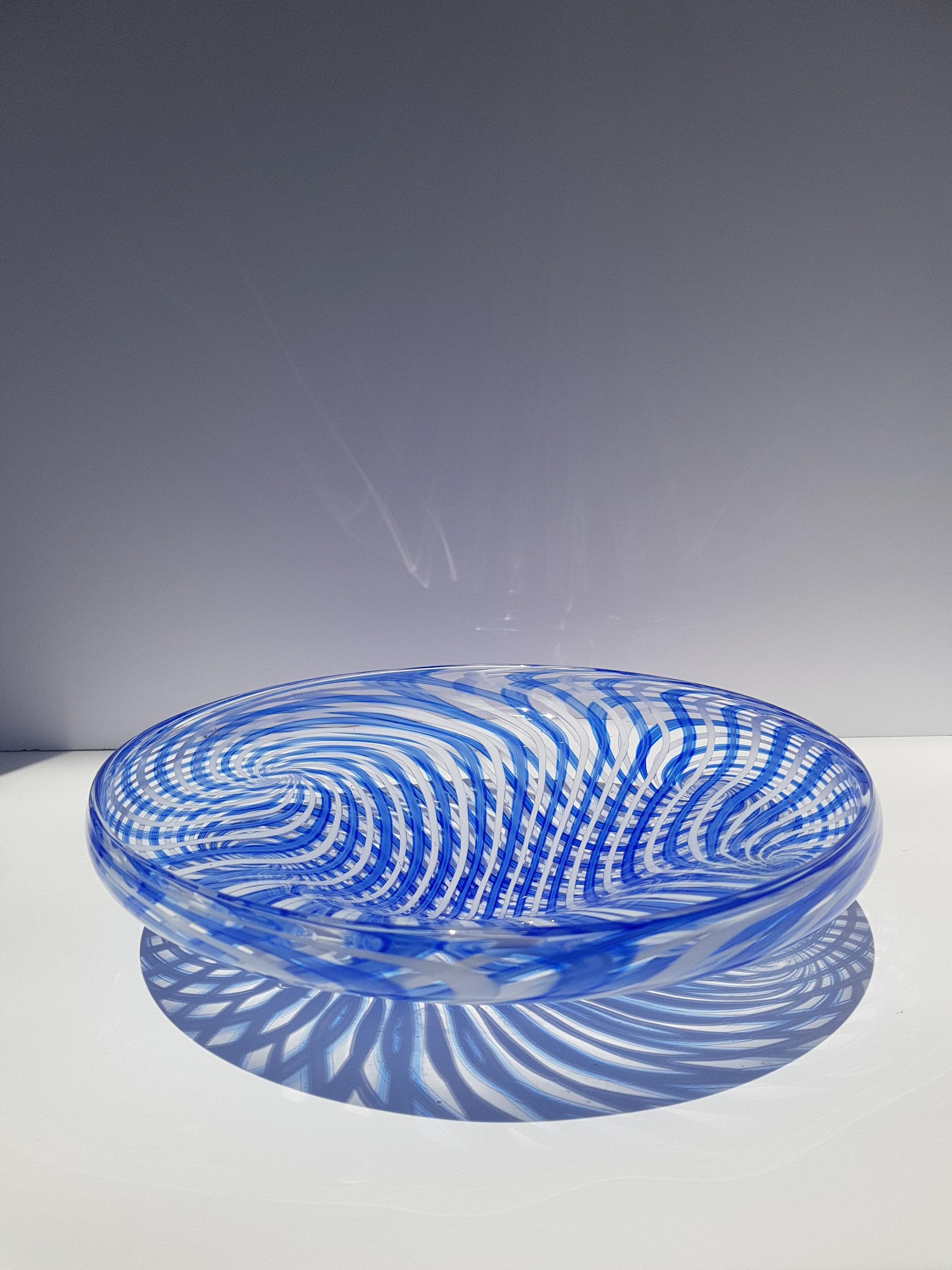 Hand-Crafted Art Glass Bowl Centerpiece Dish Vessel Reticello Ribbon Lace Psychedelic Modern For Sale
