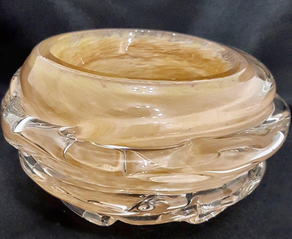 Organic Modern Art Glass Bowl, Peach Shades, Signed or Initialed on Bottom For Sale