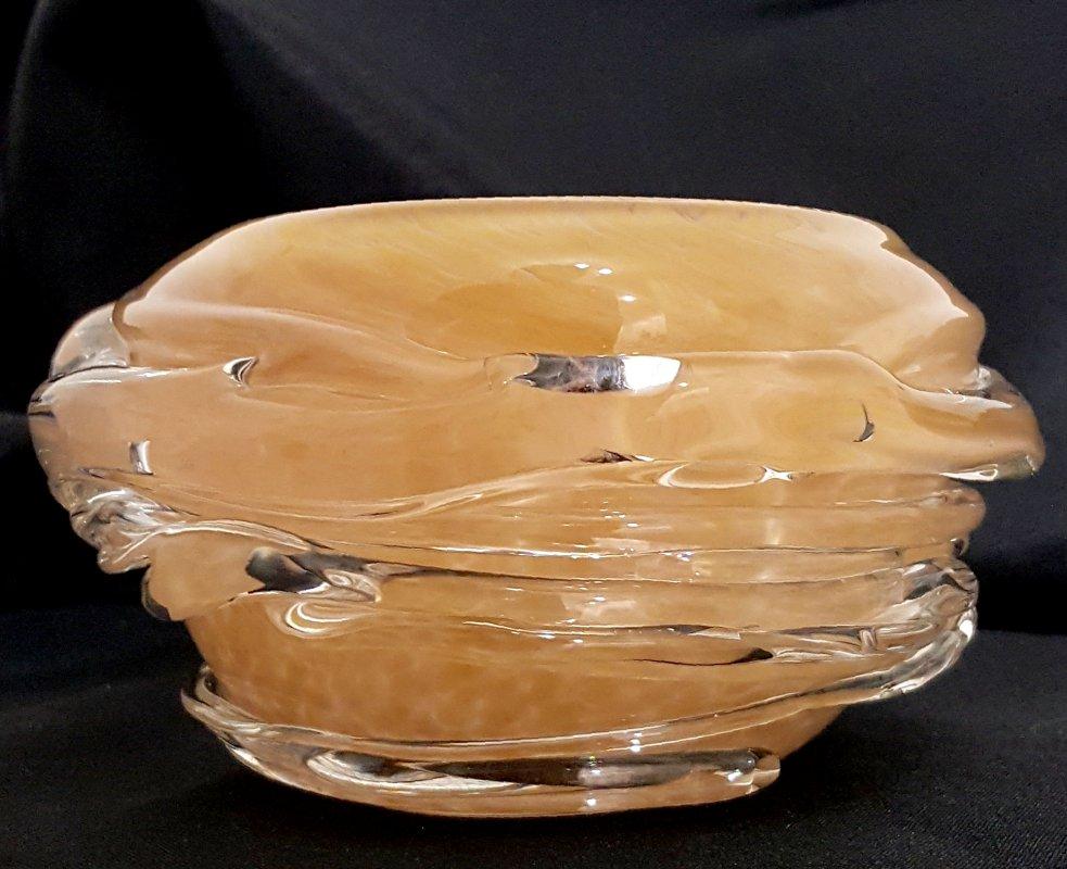 Unknown Art Glass Bowl, Peach Shades, Signed or Initialed on Bottom For Sale