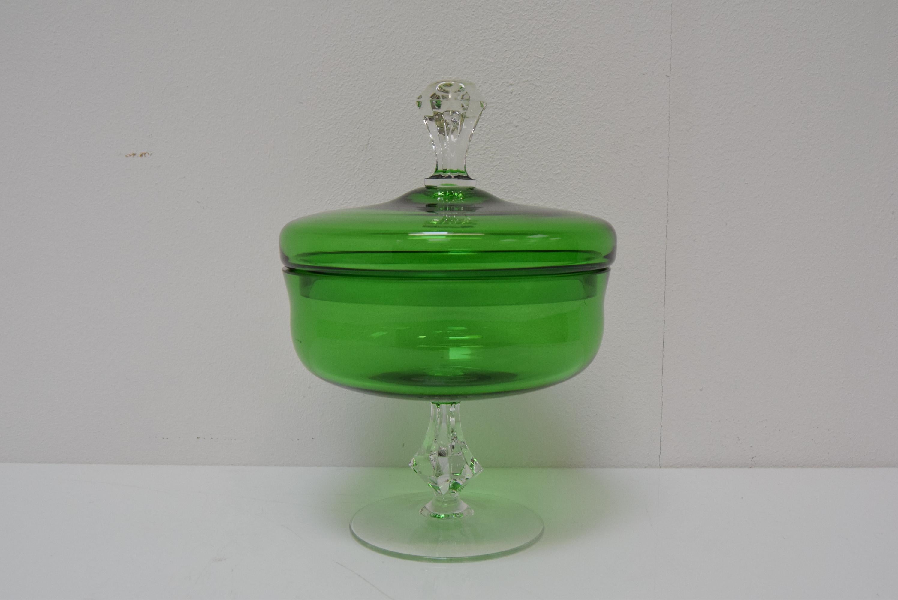 vintage green glass candy dish with lid