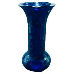 Vintage Art Glass Cobalt Blue Color Etched Flower Vase