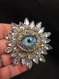 Art Glass Evil Eye Golden Marquise Crystal Vintage Statement Brooch Pin