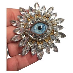 Art Glass Evil Eye Golden Marquise Crystal Vintage Statement Brooch Pin
