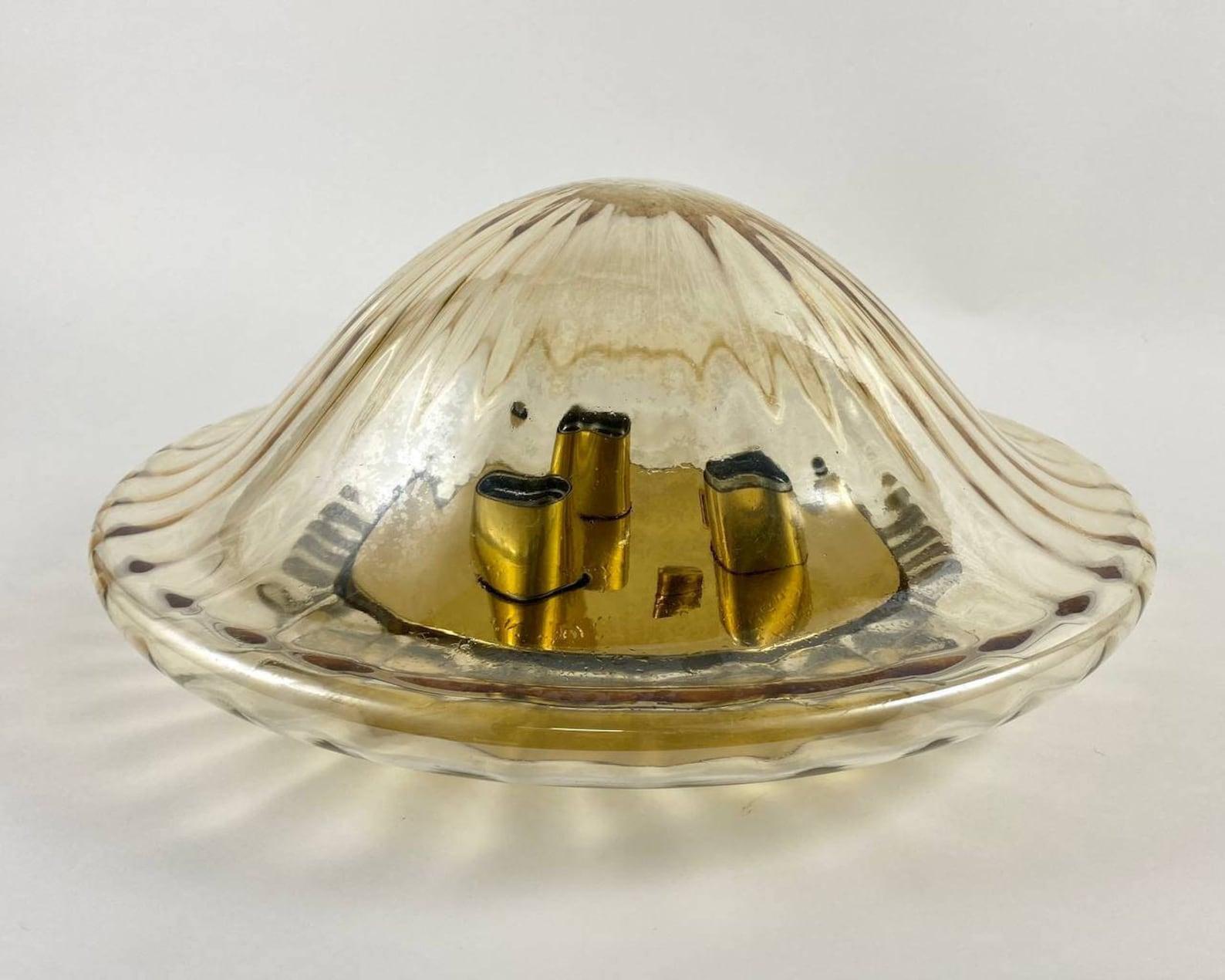 Late 20th Century Art Glass Flush Mount Ceiling Lamp Glass and Gilt Brass Flush Mount Lighting For Sale