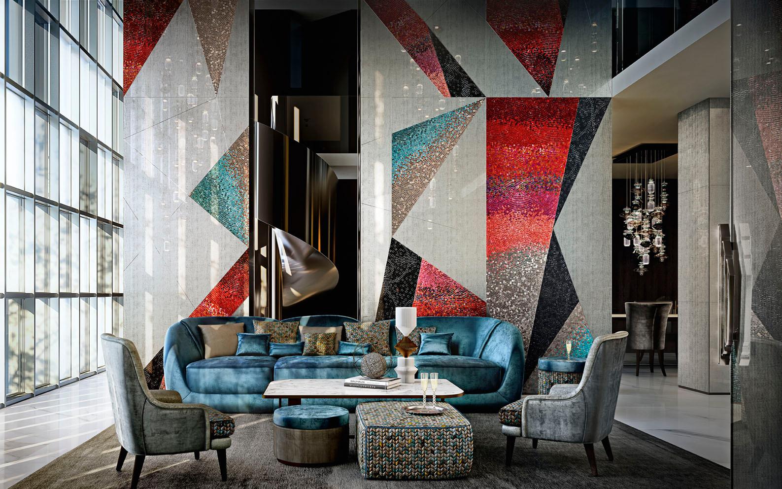 Kunstglas & geometrische Mosaik-Wanddekoration, Maße anpassbar (Italienisch) im Angebot