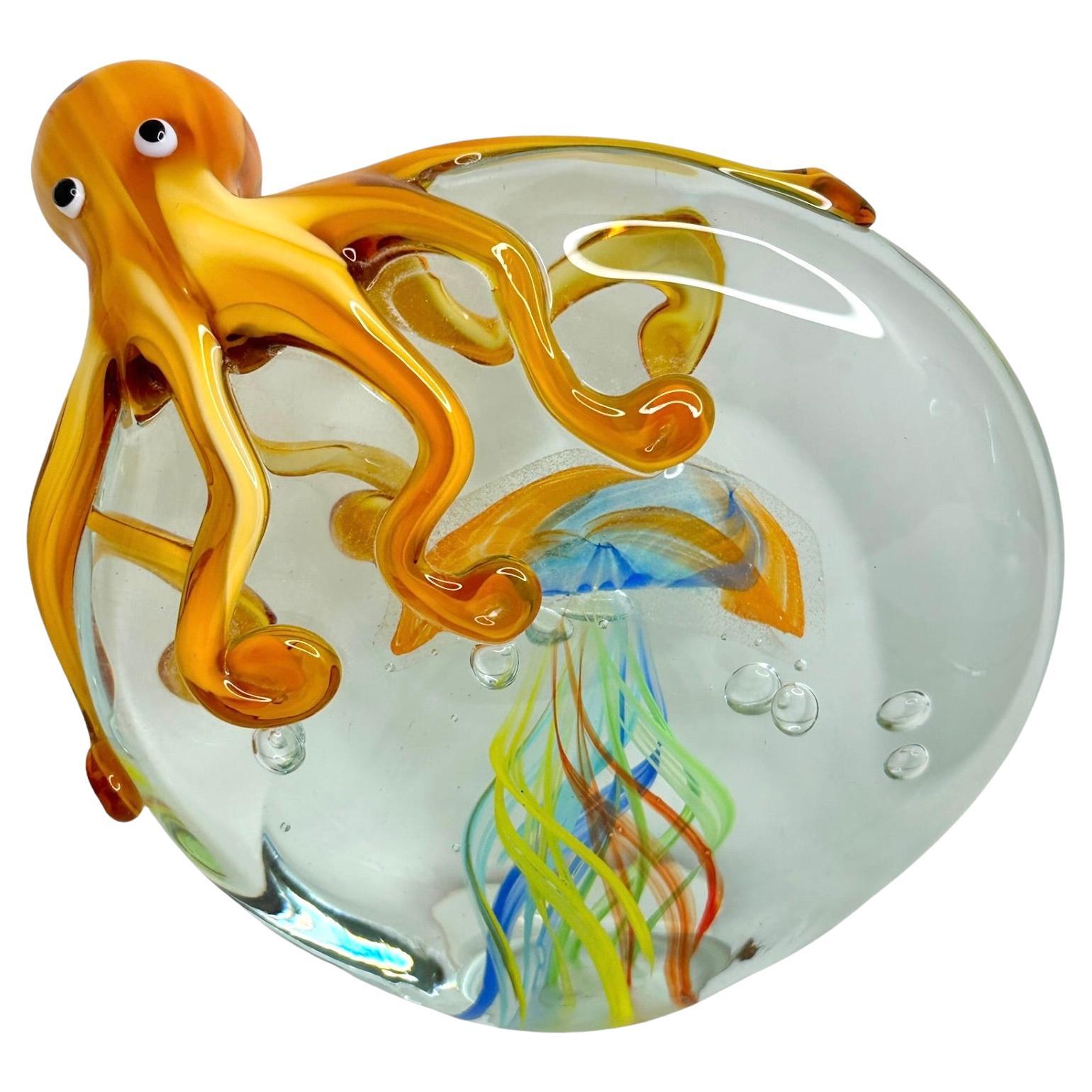 Art Glass Giant Octopus & Jelly Fish Aquarium Paperweight, Italy, 1980s For Sale