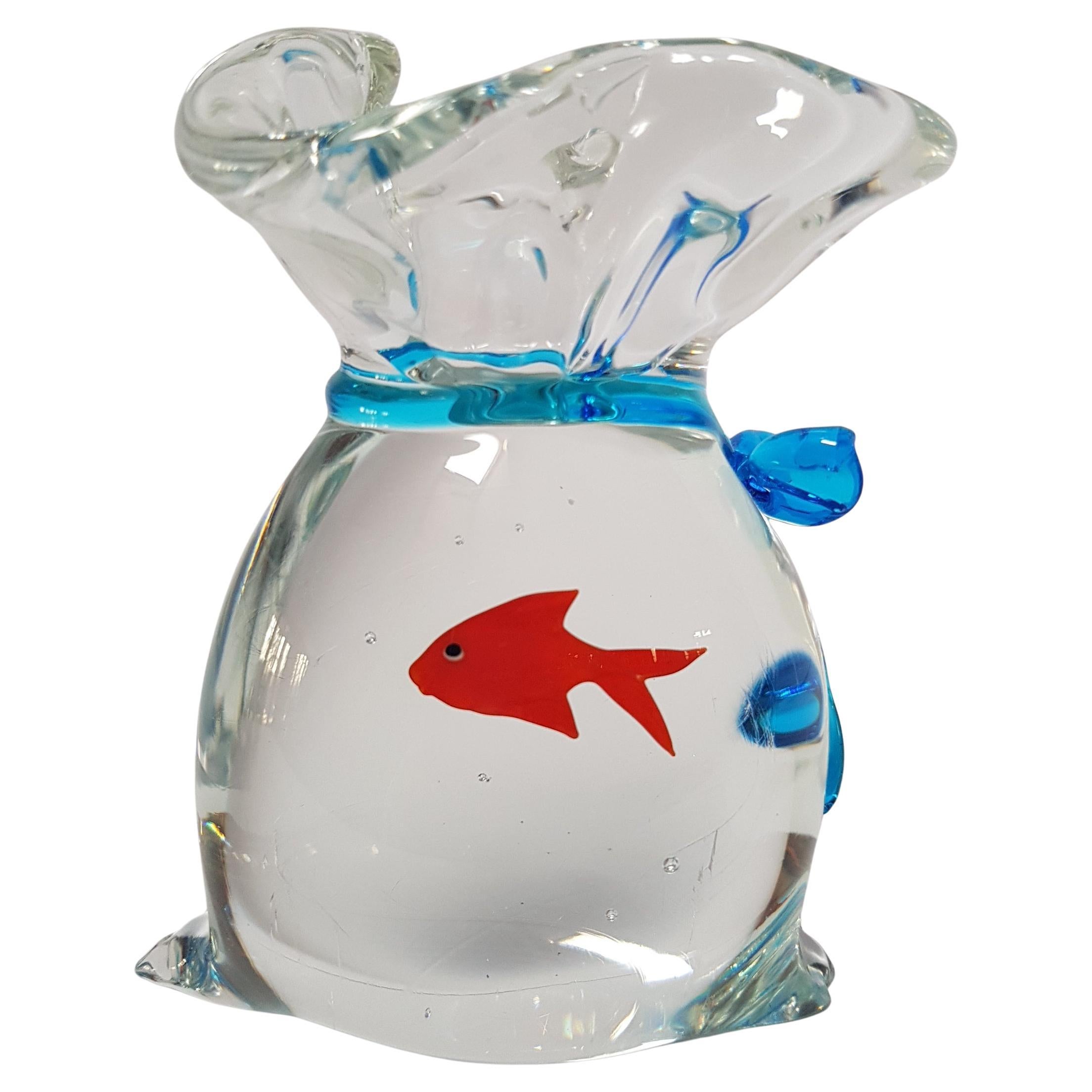Art Glass Gold Fish Bag Aquarium Sculpture Paperweight Figurine Murano Italy