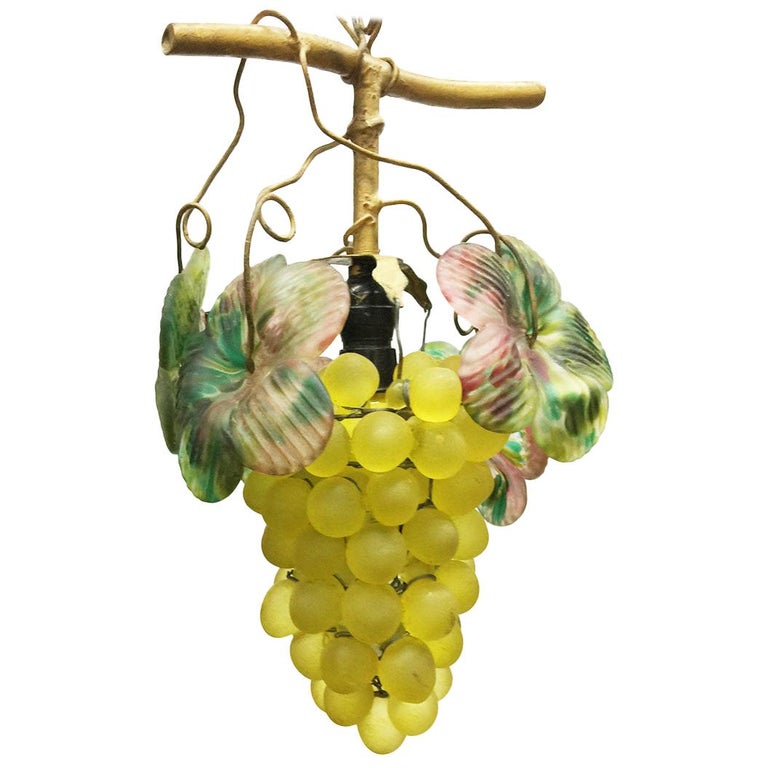 Verre à Décor Raisin Murano Vintage - Couleur Lavande Transparent Dépoli, Feuilles Vertes, Années MCM