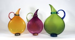 Art Glass Hand Blown Flat Transparent Glass Pitchers, Set of Three